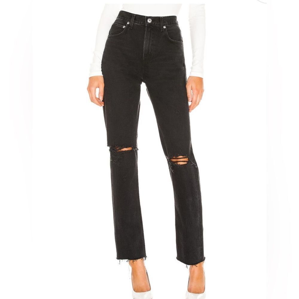 Agolde High Rise Black Distressed Straight Jeans